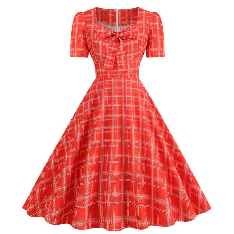 

Hepburn Retro Hong Kong Style Fashion Style Tight Waist Square Collar Bow Plaid Dot Short Sleeve Dress Morning Gowns Dance Skirt RED CHECK S