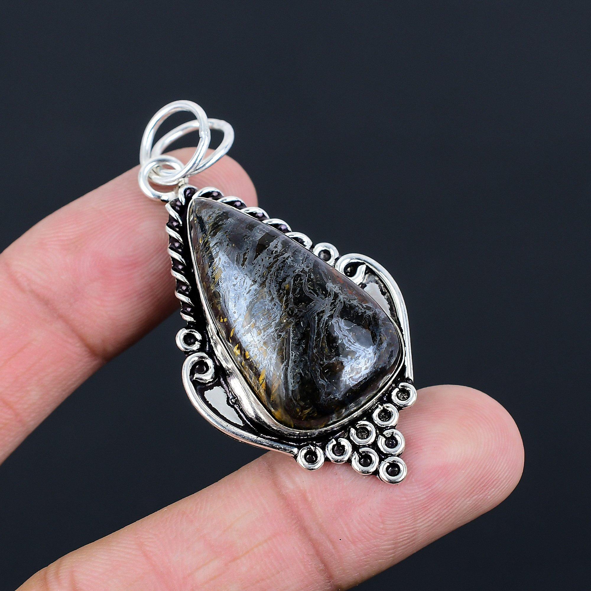 925 Silver Pear Natural Iron Tiger Eye Engagement Daughter Artisan Bezel Pendant