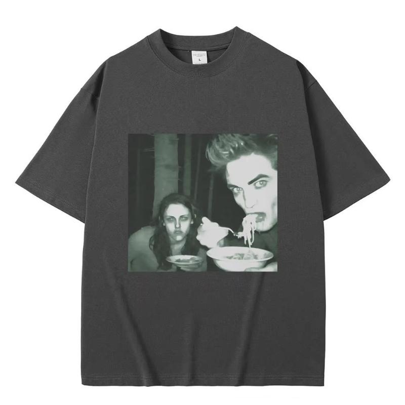 Funny Twilight Edward and Bella Eating Noodles In The Forest Tshirt Robert Pattinson Meme Tshirt Unisex Vintage Oversized T Shirts
