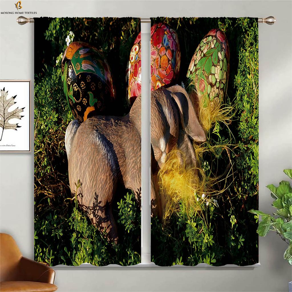 Set Of 2 Cute Cartoon Rabbit Colored Eggs Easter Print Curtain Bedroom Living Room Children Decorative Curtains Made Polyester Great Window Treatment