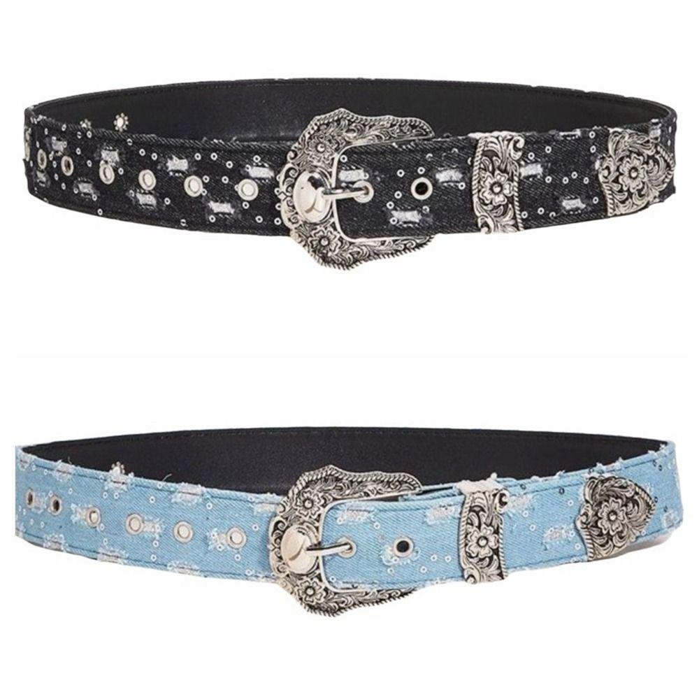 Korean Style Sequin Belt Harajuku Denim Wide Belt Retro Metal Buckle Belt Women