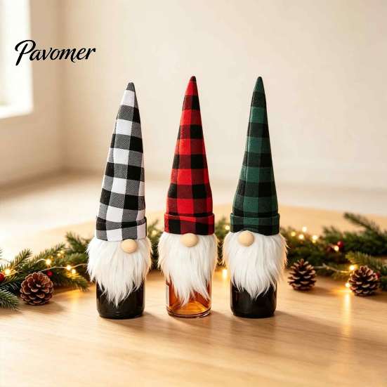 Cute Santa Gnome Ornament Christmas Wine Bottle Cover, Fluffy Artificial Beards Decor, Plaid Festive Kitchen Counter Decor Toppers for Holiday