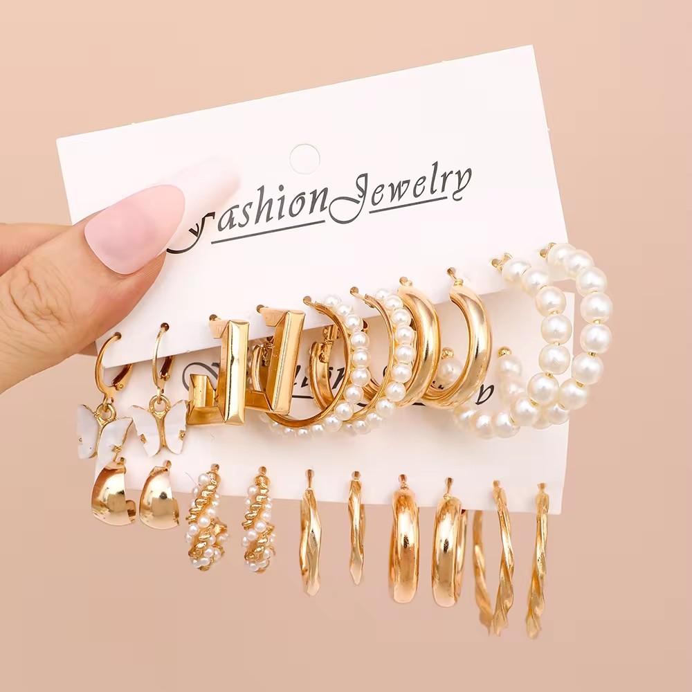 12 Piece Set Women Fashion Personality Versatile Simple Retro Gold Butterfly Love Heart Earrings Inlaid Zircon Earrings