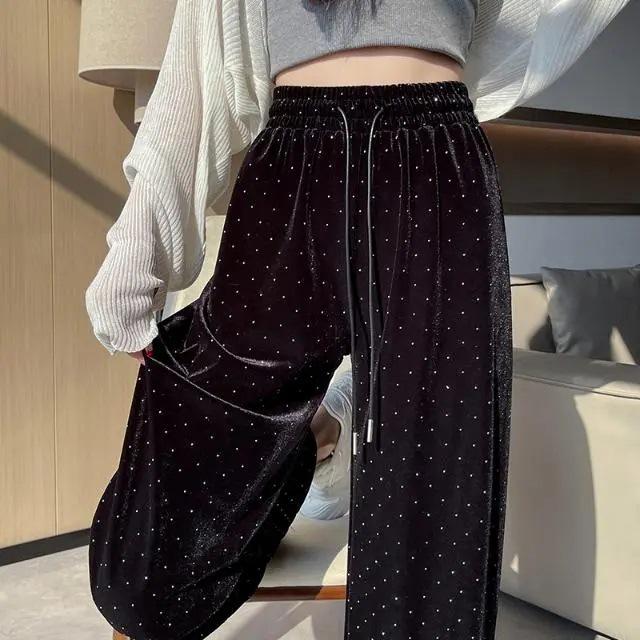 Women's High Waist Gold Velvet Starry Sky Wide-Leg Sweatpants