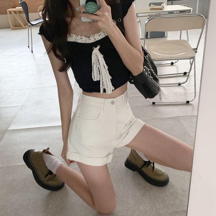 Women's High Waist Cuffed Denim Shorts Vintage Washed Wide Leg Hot Pants Casual Loose Summer Jean Shorts