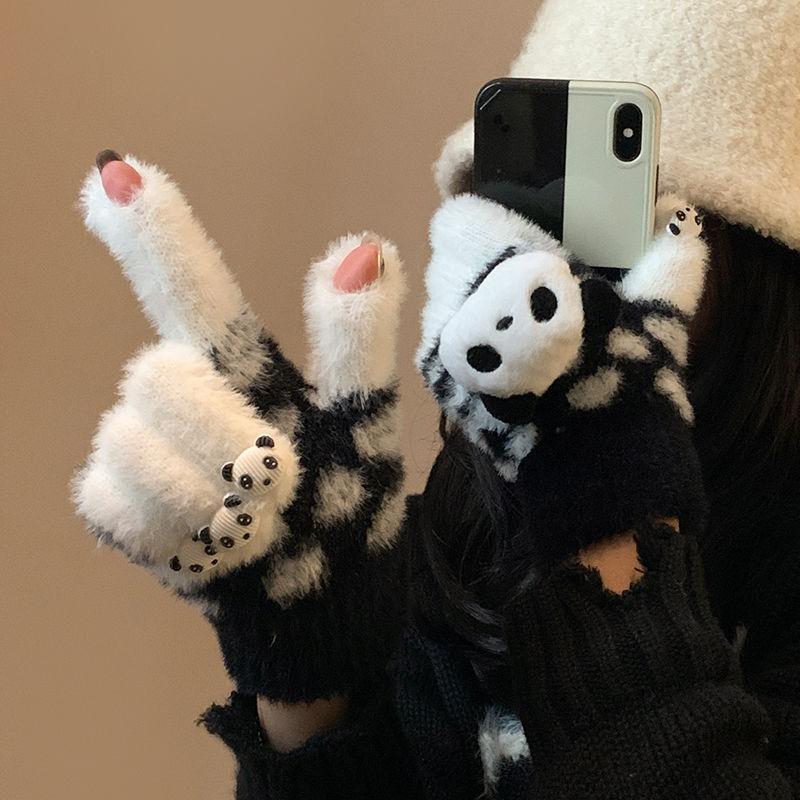 Cute red panda plush knitted gloves female winter thickened warm student riding cold can be divided