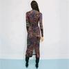 High Neck Mesh Floral Print Long Sleeve Bodycon Dress Vintage Ruched Mid Length Women