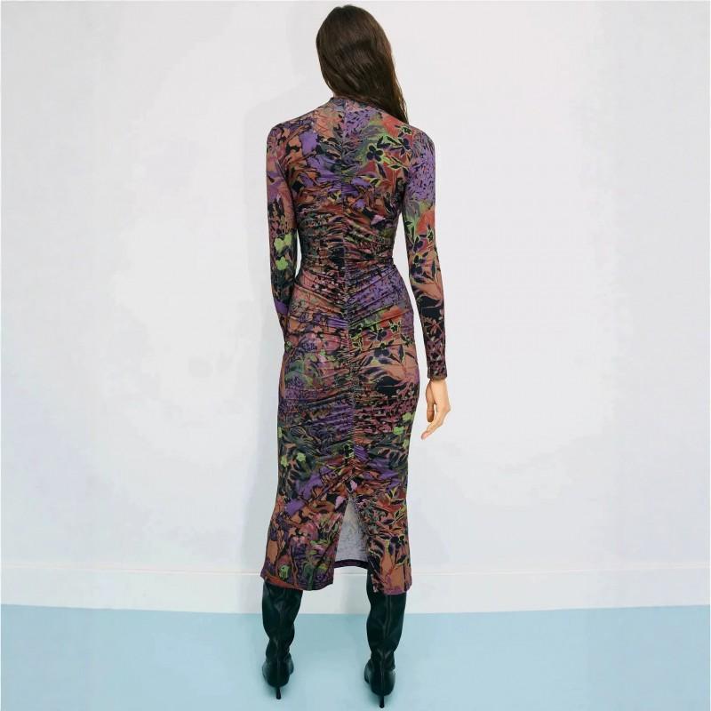High Neck Mesh Floral Print Long Sleeve Bodycon Dress Vintage Ruched Mid Length Women