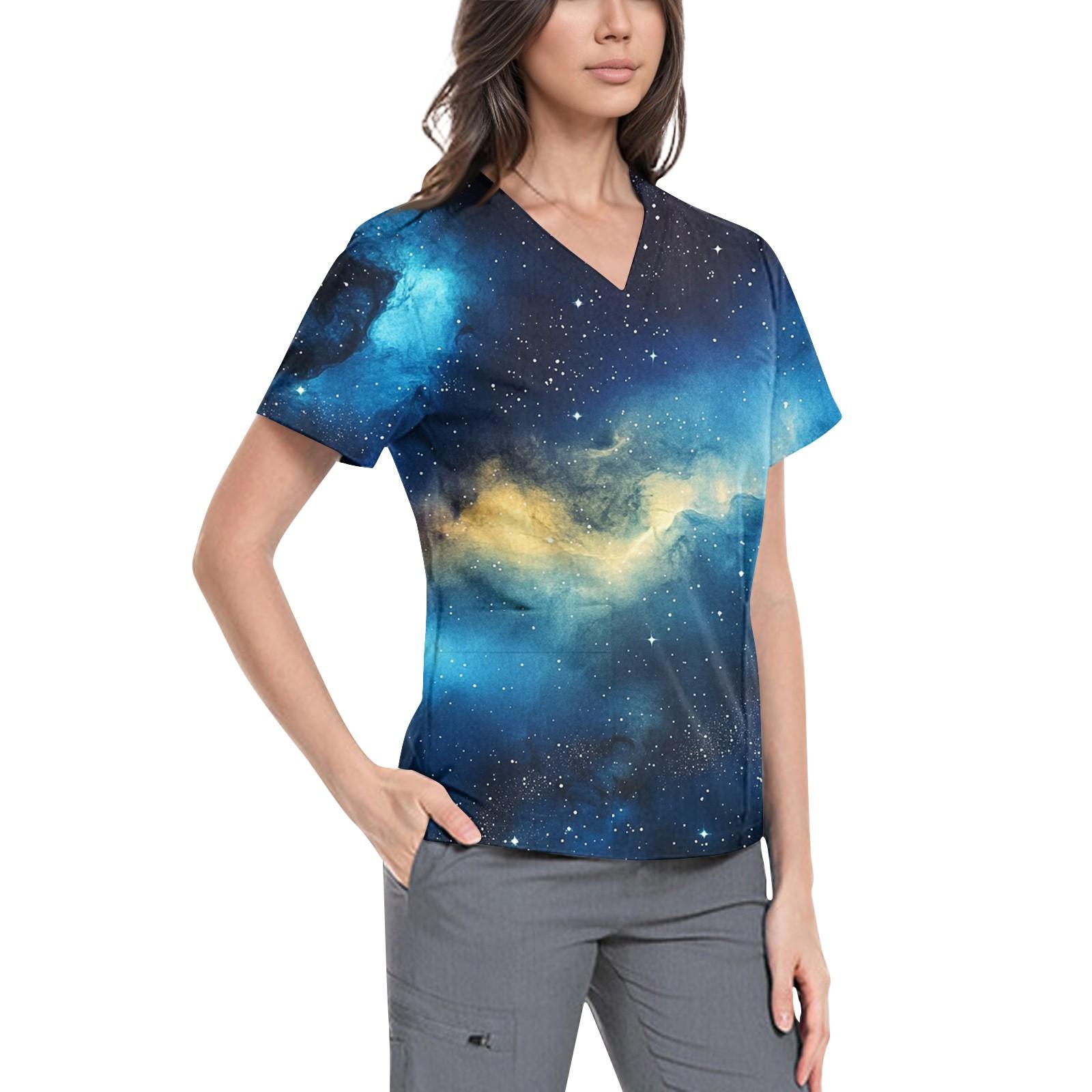 

Женская симпатичная принтованная рабочая одежда с V-образным вырезом, двухслойными карманами, базовым коротким рукавом, пуловером XXXXL синий