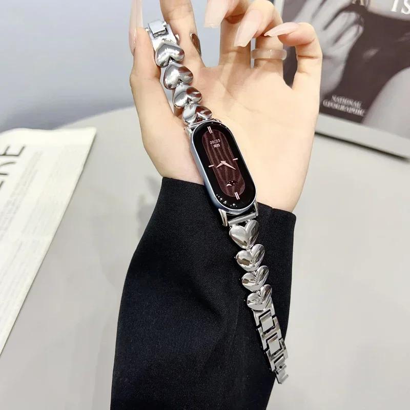 

Fashion Love Metal Watch Strap for Xiaomi Mi Band 8 9 Women Starlight Bracelet for Mi Band 9 8 Peach Heart Smartwatch Wristband for Mi 9 серебряный