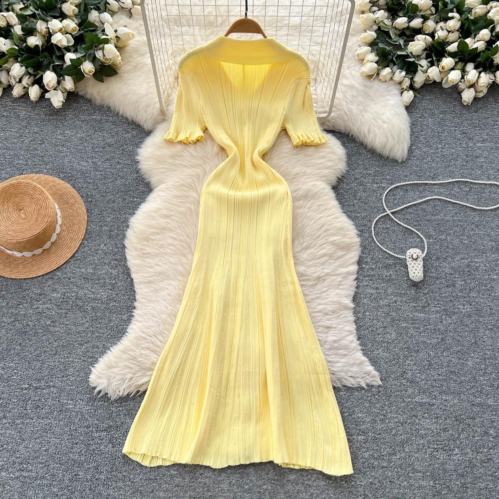 Korean Simple Design Lapel Knitted Dress Women's Summer Slim and Thin Single-breasted Royal Sister Temperament Long Dress