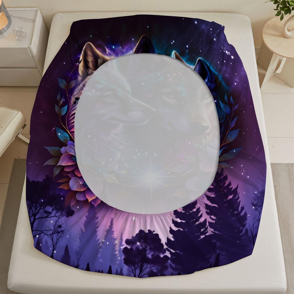 3pcs Purple Fitted Sheet Sets 3D Printed Dramatic Valley Flowers Wolve And Fox  Gifts For Teen Boys Soft Washable Flat Sheet
