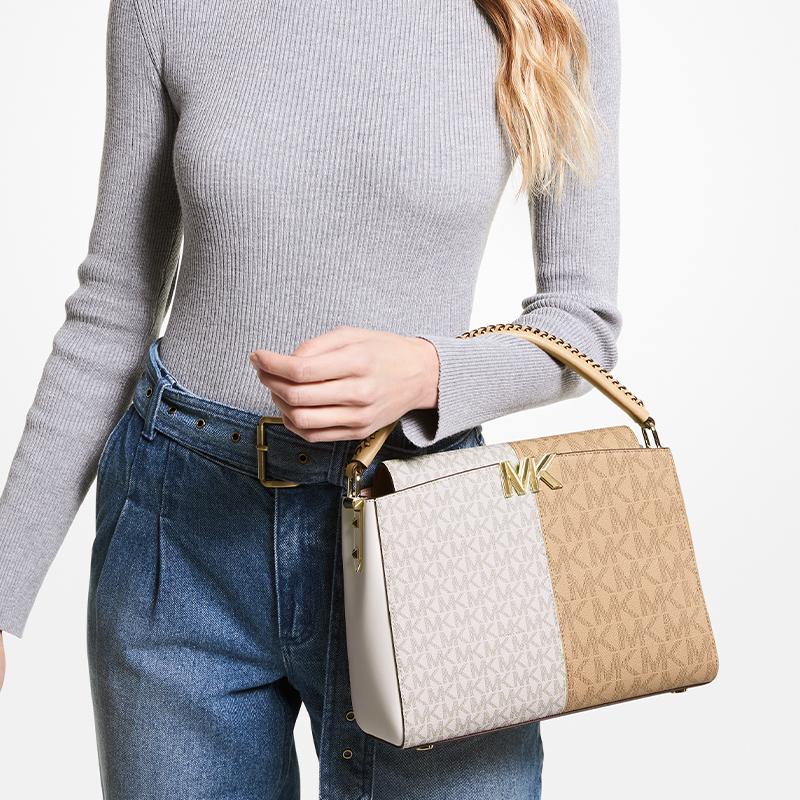 Michael Kors Handbag KARLIE Classic Old Flower Printed Hand-held Crossbody Bag, Metal LOGO Chain Design Shoulder Bag, Medium Size, Women's Style