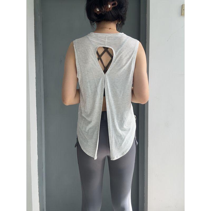 

Long Sports Vest Cutout Blouse Dovetail Fitness Yoga Ultra-Thin One-Piece Wear Quick-Drying Sleeveless Flab Hiding Thigh-Length Light hemp S