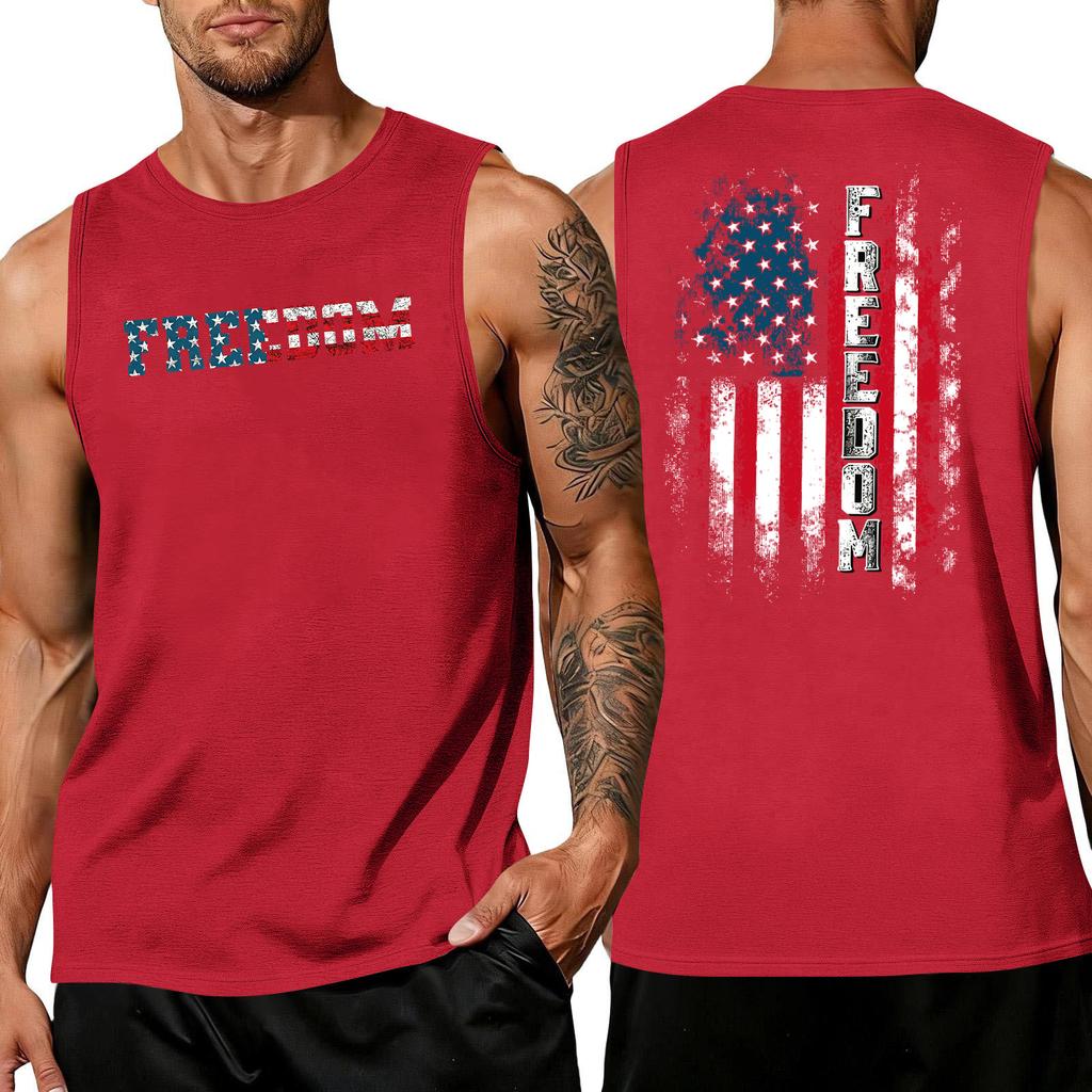 Men's Sleeveless Muscle Tank Top with Letter Print and Flag Pattern Casual Crew Neck Gym Shirt