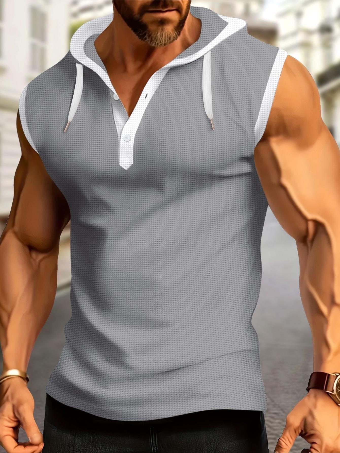 

Men s Summer Hooded Sleeveless Polo Shirt, Muscle Fit Athletic Tank Top, Casual Sportswear S серый
