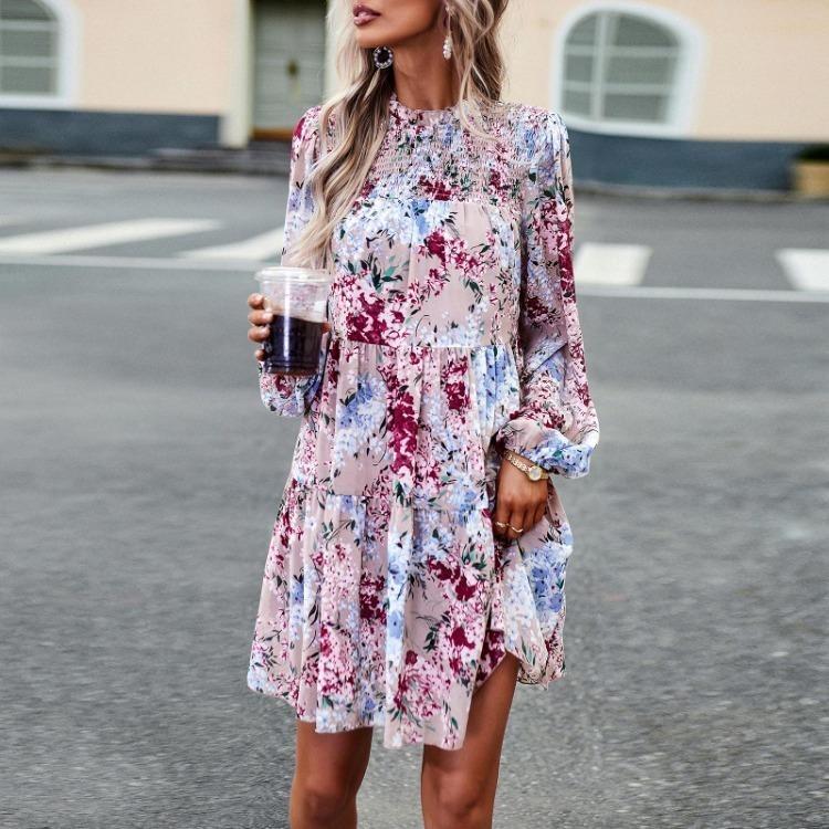 Floral Printed Casual Dress for Women Loose Fit O Neck All Match Long Sleeve