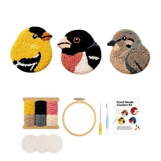 DIY Vogeluntersetzer-Set, Punch Needle Bastelset mit 3 vorgedruckten Mustern, Garn, Stickrahmen, Werkzeugen, Untersetzer Punch Needle Stickerei-Set für Anfänger Bastler