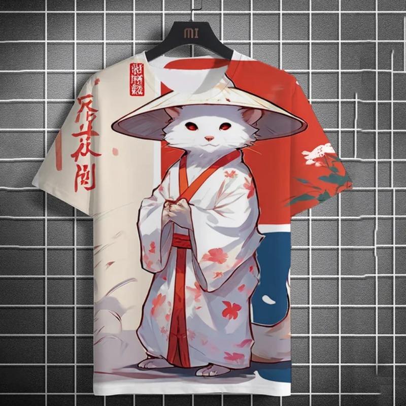 Summer Men's Fashion Casual Print Men's Cat Warrior Guard with Knife Art Print Hooded T-Shirt Round Neck Street T-Shirt Top