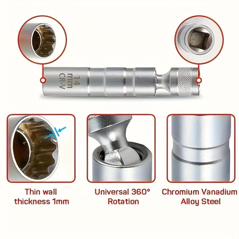 7pcs Magnetic Spark Plug Socket Set, 12-Point Rotating Socket, 360-Degree Rotation Removal Tool, Without Battery