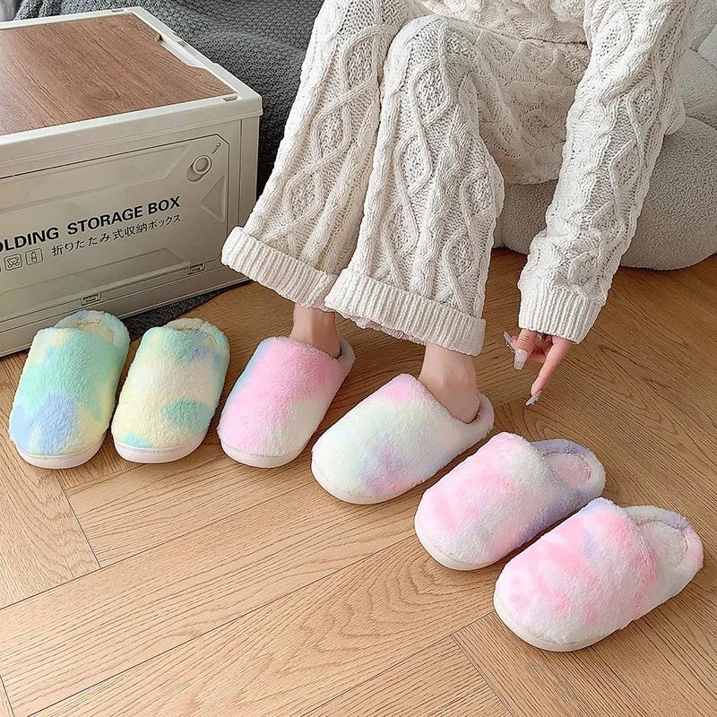 Tie Dye Gradient Plush House Slippers for Women Faux Fur Soft Sole Indoor Cotton Shoes Woman Winter Warm Flat Furry Slippers