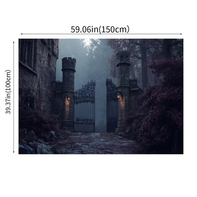 2D Gothic Mansion Iron Gate Backdrop Misty Forest Castle Entrance Party Decor