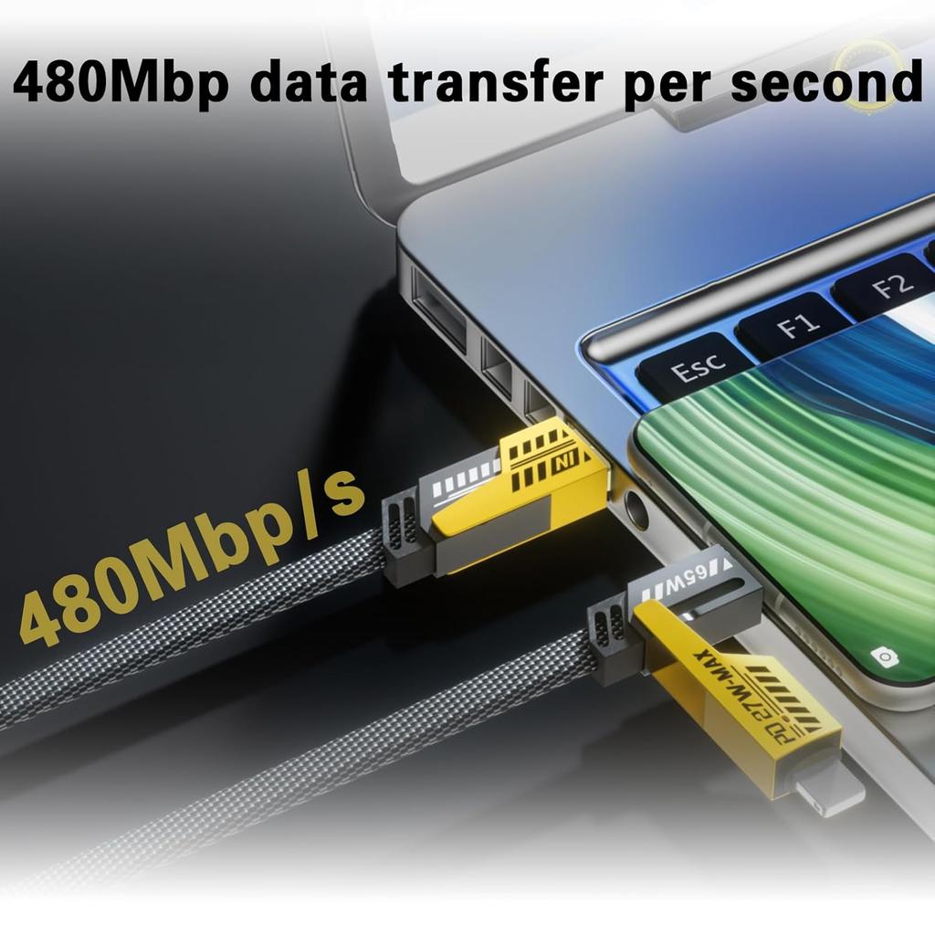 4-in-1 Fast Charging Cable, Data Transmission, PD 65W, Flat Braided Charger Cable with Type C/USB A for Mobile Phones/tablets/headphones Etc.