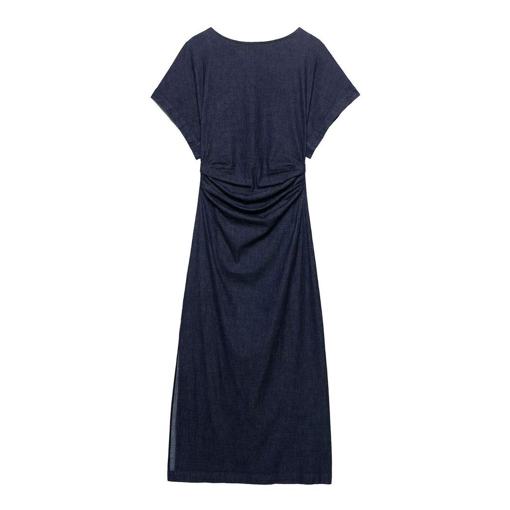 TAOP&ZA Spring Women's Elegant Ruched Short Sleeve Denim Dress