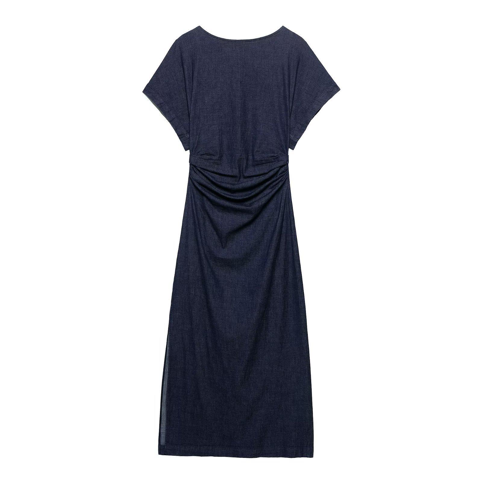 

TAOP&ZA Spring Women s Elegant Ruched Short Sleeve Denim Dress Extra Small