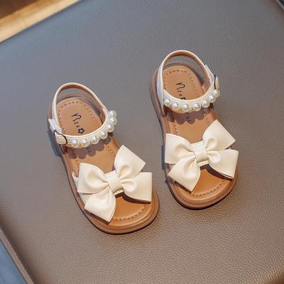 Sapatos Infantis Laço Pérolas Bico Aberto 2024 Novo Verão Rasteirinhas Crianças Casual Meninas Sandálias Antiderrapantes PU Simples Estilo Japonês para Vestidos