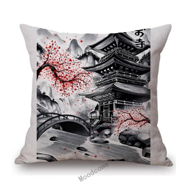 Japanese Ink Painting Geisha Samurai Spirit Tattoo Black Red Sakura Sushi Store Decoration Throw Pillow Case Linen Cushion Cover