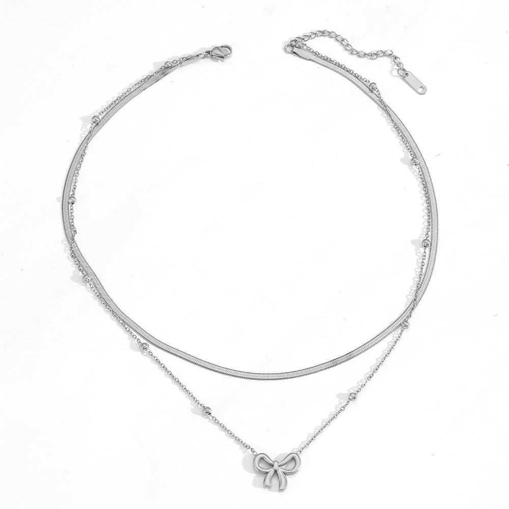 Cross Stainless Steel Double-Layer Bow Knot Anklet with Colorfast 18K Electroplated Bead Clasp