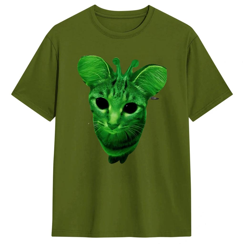 T-shirt Meme Gatto Alieno Verde Unisex 100% Cotone T-shirt Vintage Girocollo Maglietta Manica Corta Abbigliamento Regalo di Compleanno