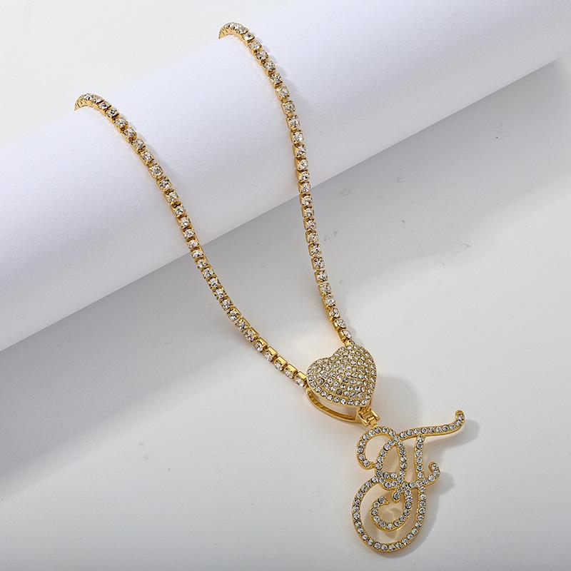 26 Flower Letter Necklace: Hip Hop Heart Pendant with Full Diamond Inlaid Tennis Chain for Women
