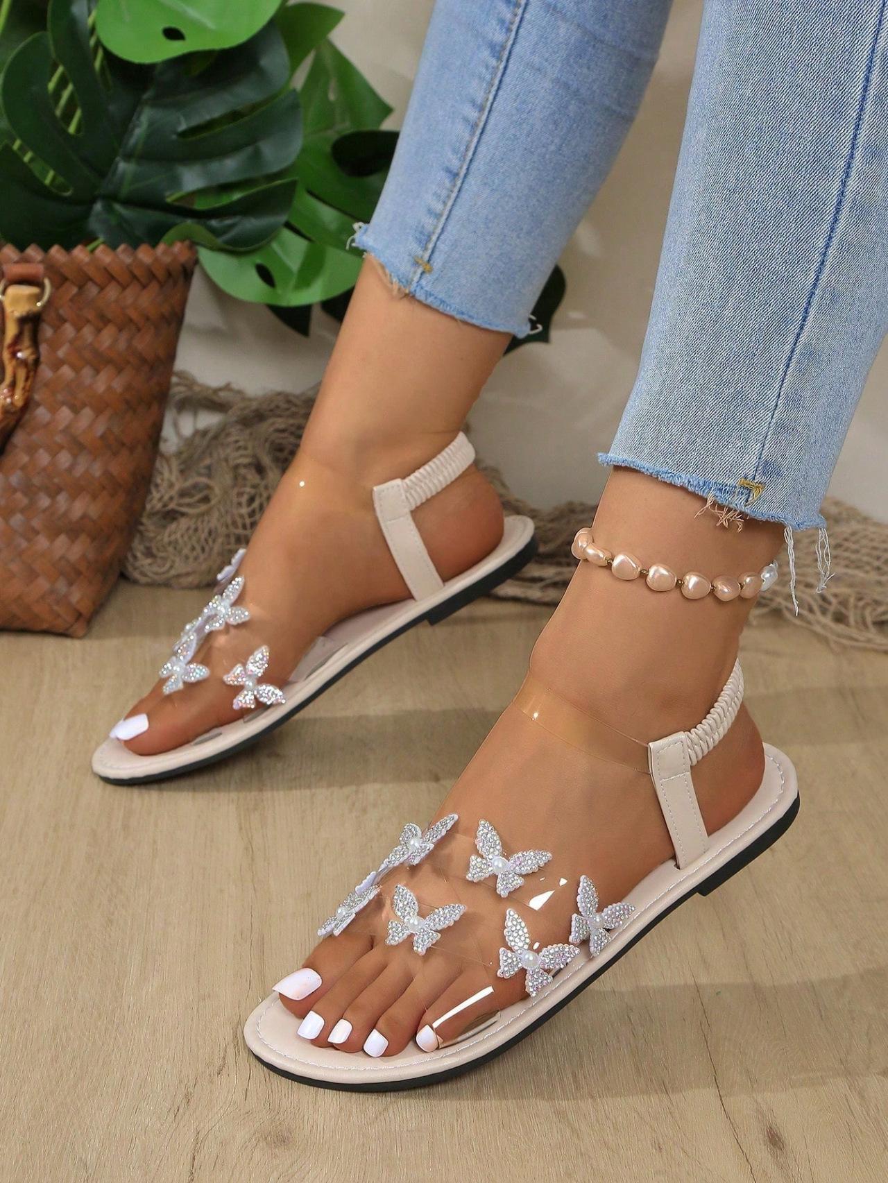 

Летние женские сандалии на плоской подошве с круглым носком, прозрачный ремешок, стразы, бабочка, цветок, ремешок на щиколотке, универсальные и свежие 43 белый