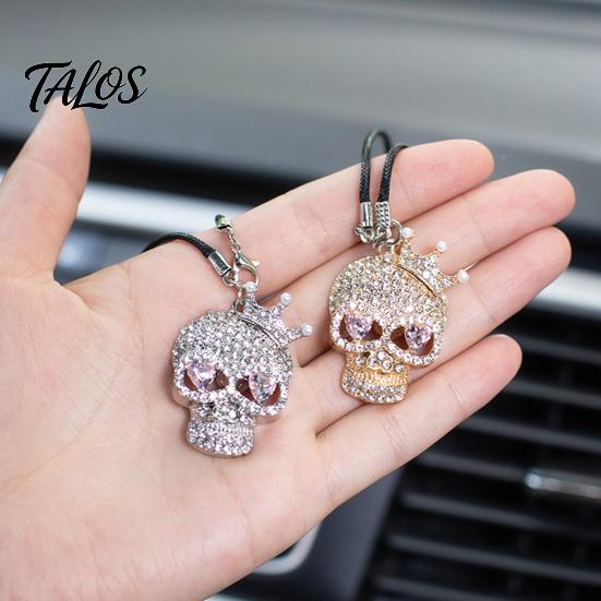 Halloween Auto Ornament Bling Skull Car Hanging Accessories, Rhinestone Head Rear Metal Charm View Mirror Charm, Gothic for Interior Decoration