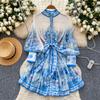 French spring new dress women's strap waist stand-up collar lantern sleeve single-breasted waist ruffle edge printed skirt