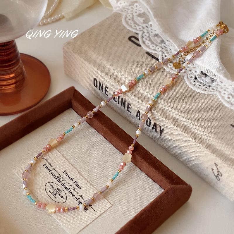 Colorful Pearl & Natural Stone Layered Necklace for Women - Handmade, High-End Clavicle Chain розовый