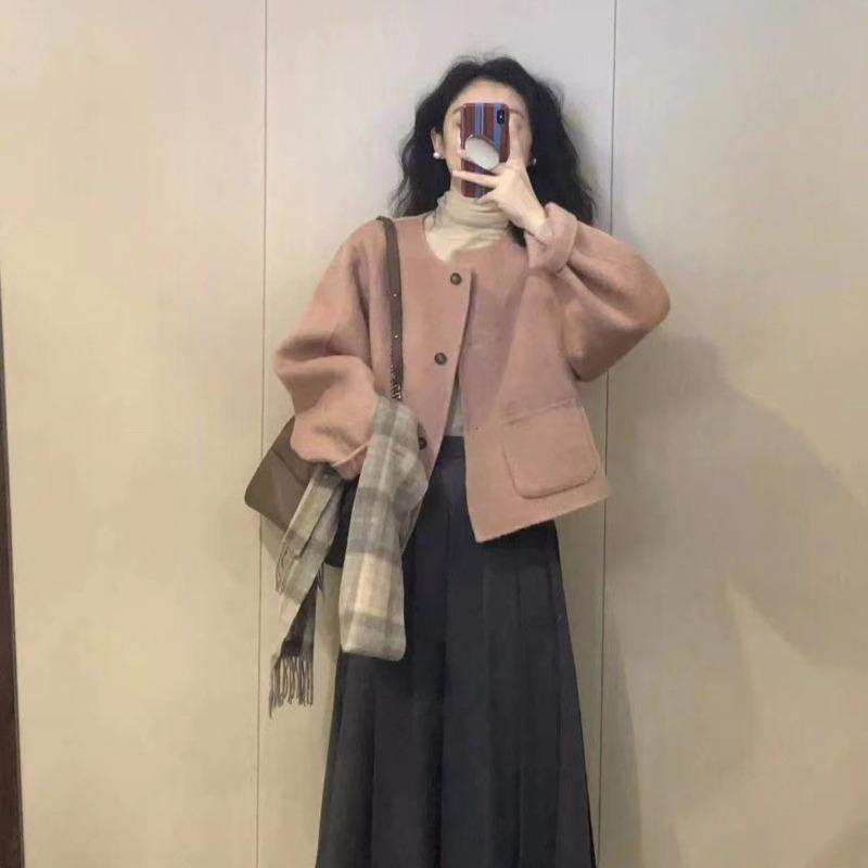 Pink Short Wool Coat Women Autumn Winter Korean Style Elegant Tweed Jacket