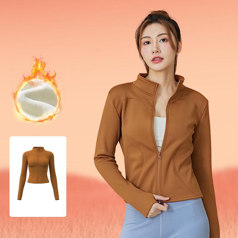 Winter High Elastic Peach Yoga Jackets Solid Clothes Long Sleeve Fleece Thick Yoga Jacket Women Zipper Fitness Yoga Coat