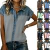 Modny damski casualowy top z denimu patchwork z guzikami, krótki rękaw