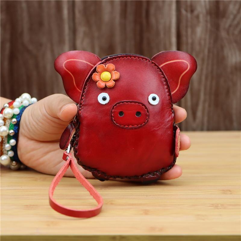 First Layer Cowhide Piggy Mini Change Bag Cowhide Card Bag Key Bag Clutch Bag Cute Animal Handbag