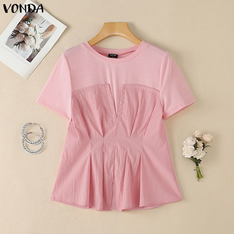 VONDA Women O-Neck Short Sleeve Blouse Casual Patchwork Pleated Peplum Tops