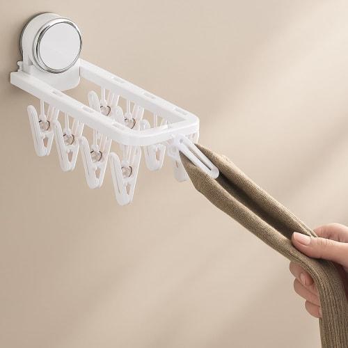 Powerful Vacuum Suction Cup Mini Clothes Dryer, 9-Pinch, Foldable, Space-Saving, Windproof, Indoor/Outdoor Use, Small Item Storage (White)