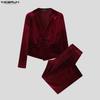 INCERUN Winter Autumn Men Peak Lapel Long Sleeve Velvet Blazer Long Pants Casual Outfits Two Piece Sets