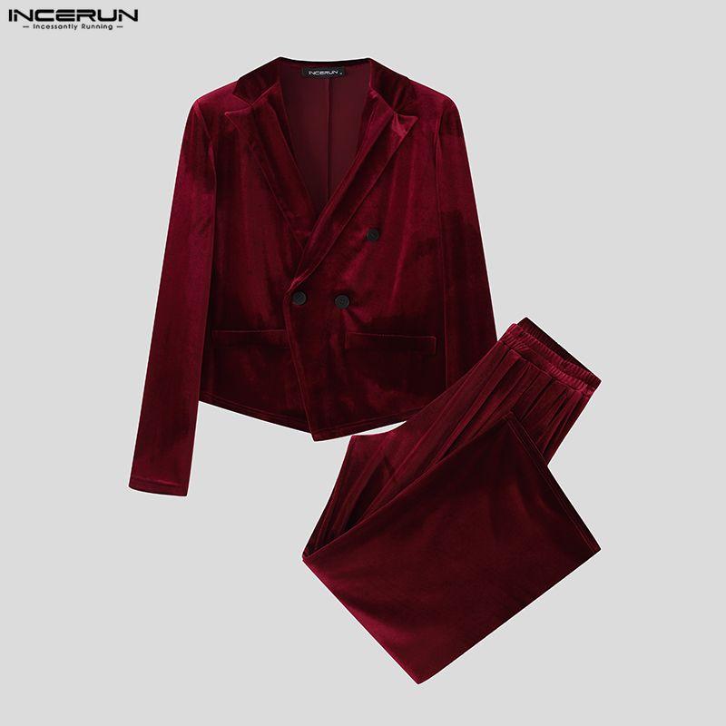 INCERUN Winter Autumn Men Peak Lapel Long Sleeve Velvet Blazer Long Pants Casual Outfits Two Piece Sets
