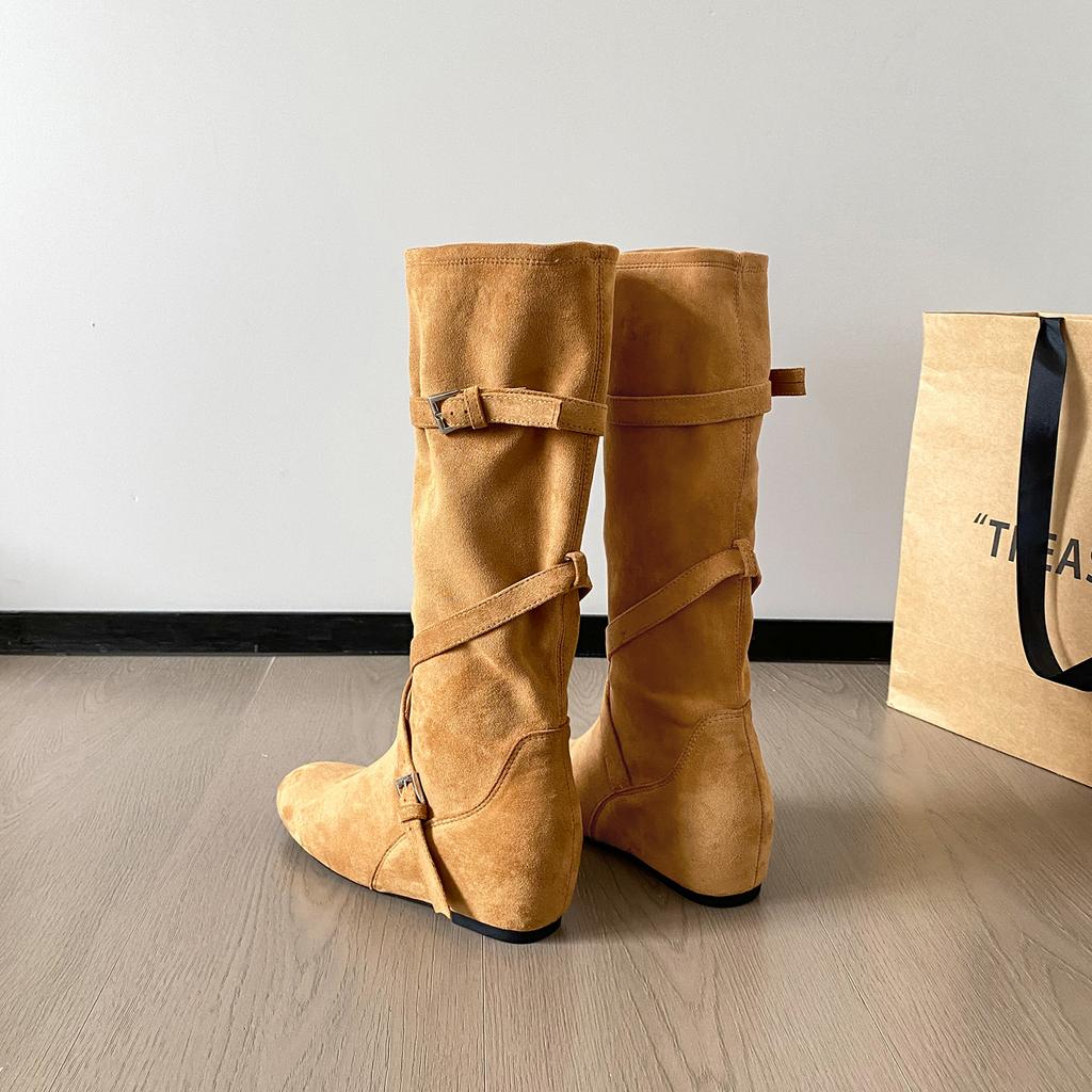 Cowhide version retro style inner height increase 6cm knight boots women's cross buckle pleated boots slim medium boots