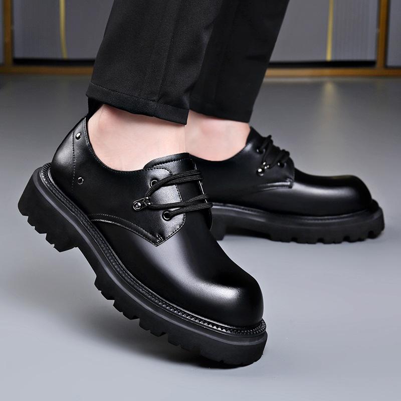 Black Increase British Style Big Head Derby Shoes Men Spring 2026 Business Formal Wedding Groom's Casual Cow Leather Shoes Man
