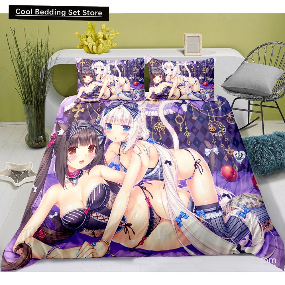 

Милый аниме-узор кошки-горничной NEKOPARA, комплект постельного белья из 3 предметов, игровой принт, пододеяльник и наволочка, украшение для спальни для подростков-отаку EU single(135x200cm)
