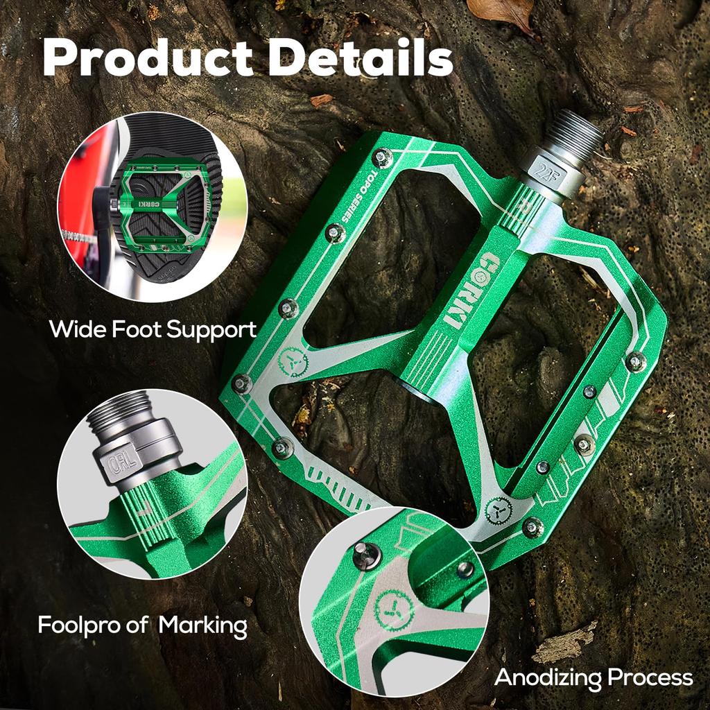 Corki Cycles Bicycle Extra Large Flat Mountain Bike Aluminum Alloy MTB Wide Platform Pedals Inch Green Pedals, Pedals, Pedals, 4-Inch - 9/16 -